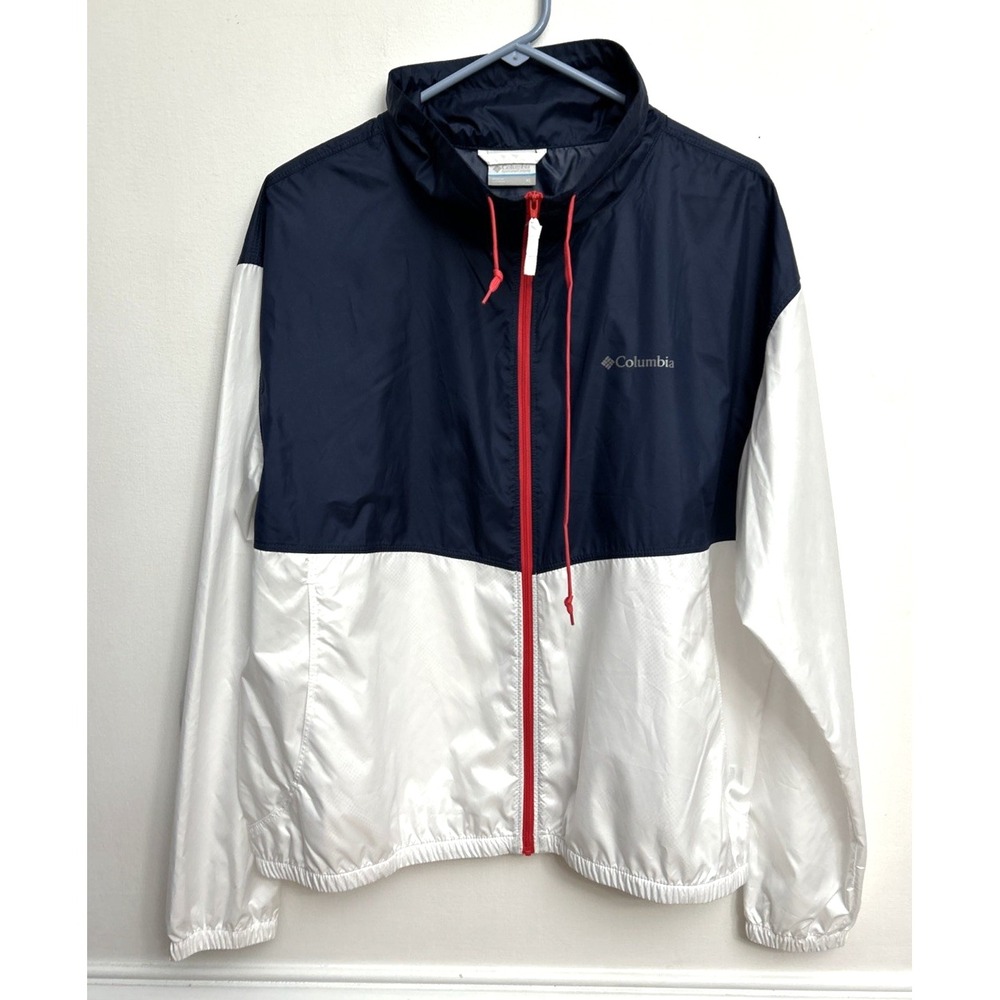 Columbia Windbreaker Jacket Women's XL Navy Blue White Colorblock Red Accents - Picture 1 of 4